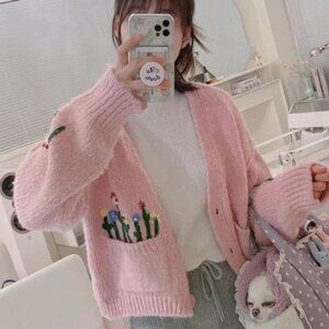 Zara Floral Fuzzy Chunky Knit Cardigan Sweater Pink Size Large